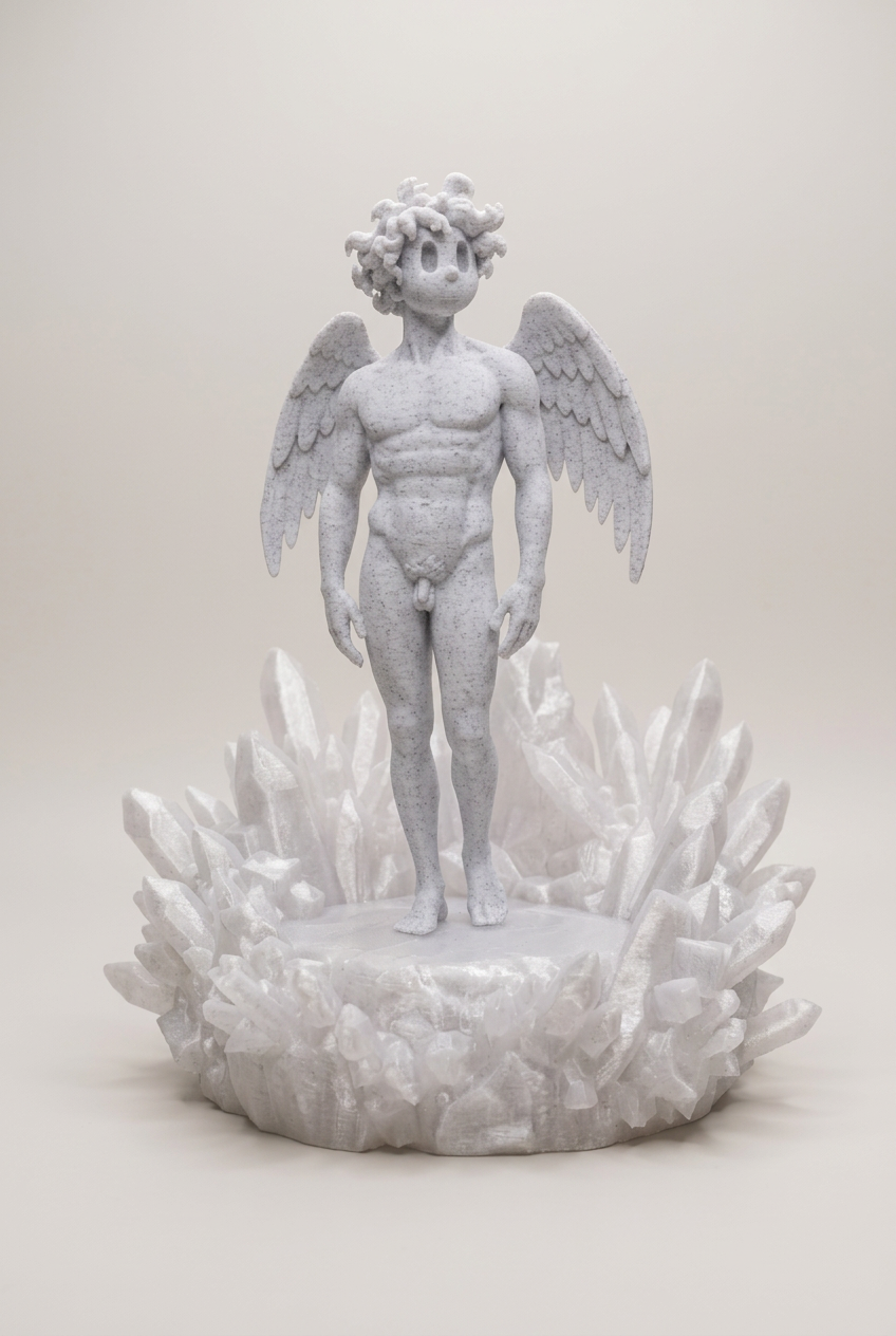 Statua di angelo stampata in 3D in PLA effetto marmo, su base a cristalli in PETG traslucido